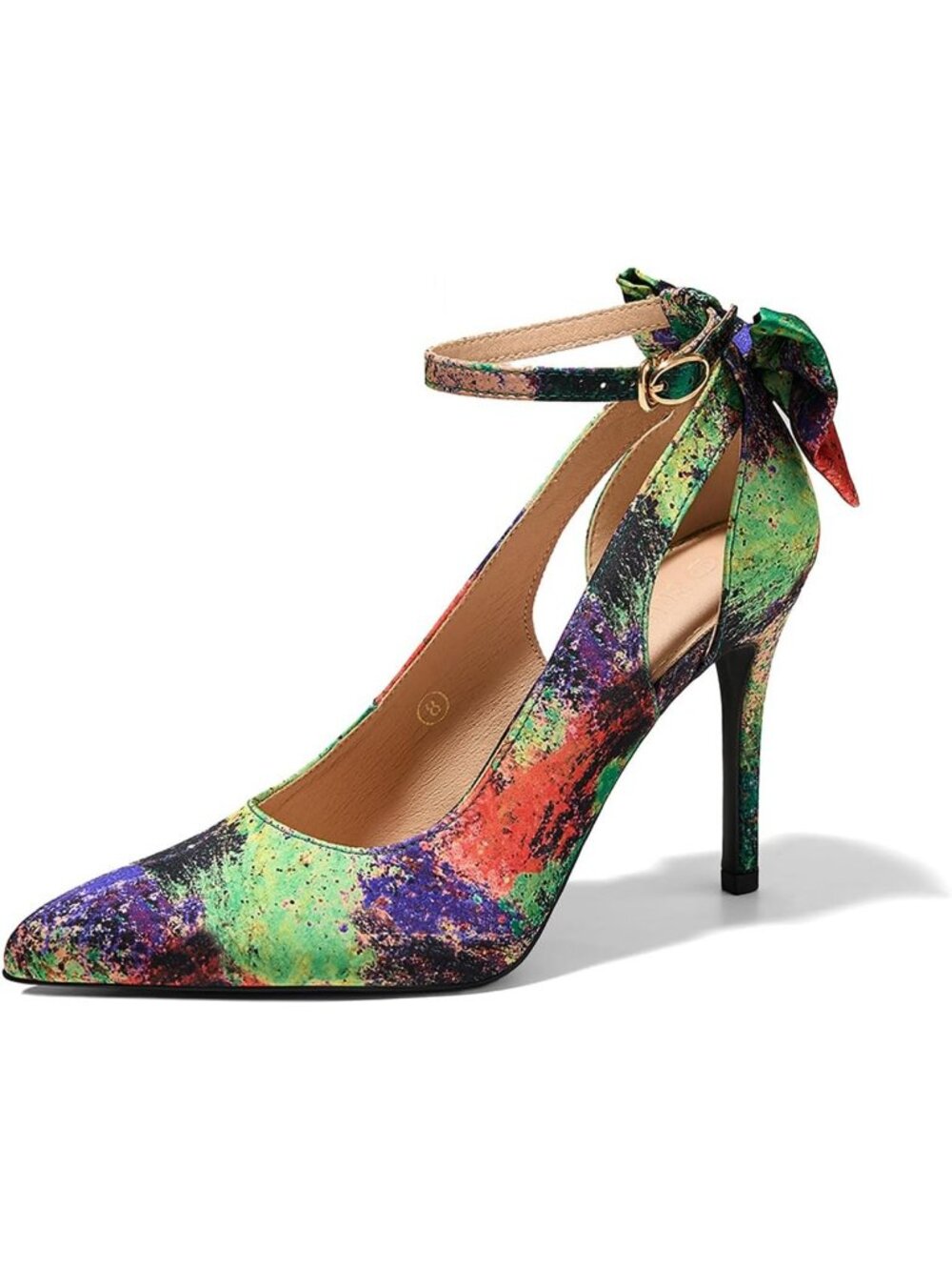 Women's Print Green Pointed Toe High Heels Ankle Strap Bow Tie Party Dress Shoes